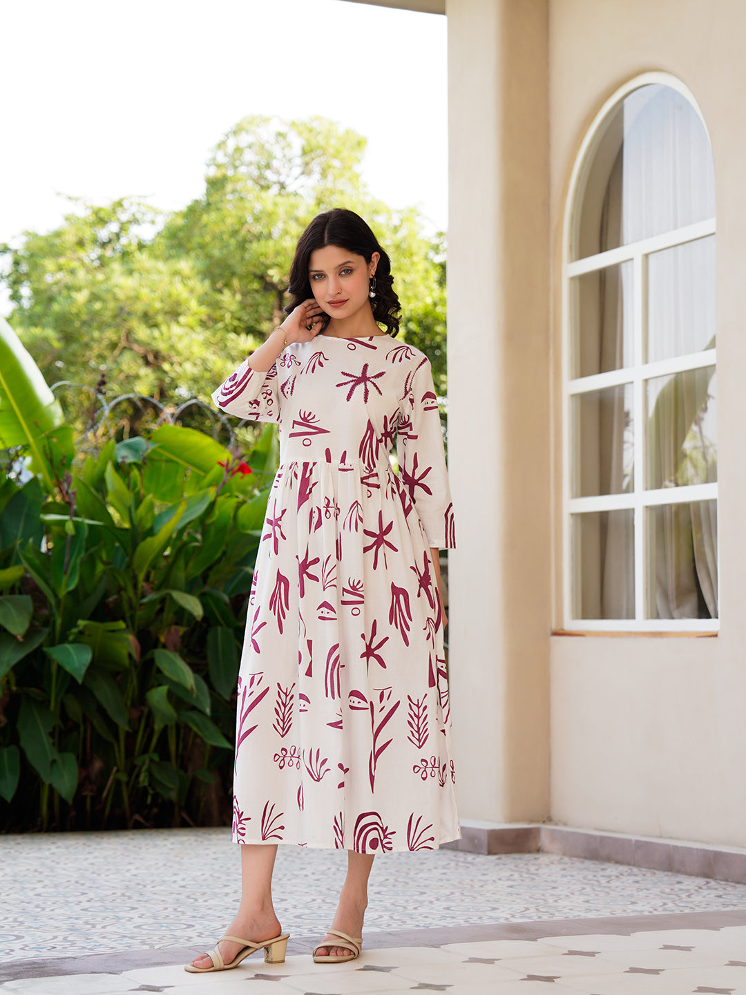 Off White Cotton Printed Shirt Collar Dress for Women