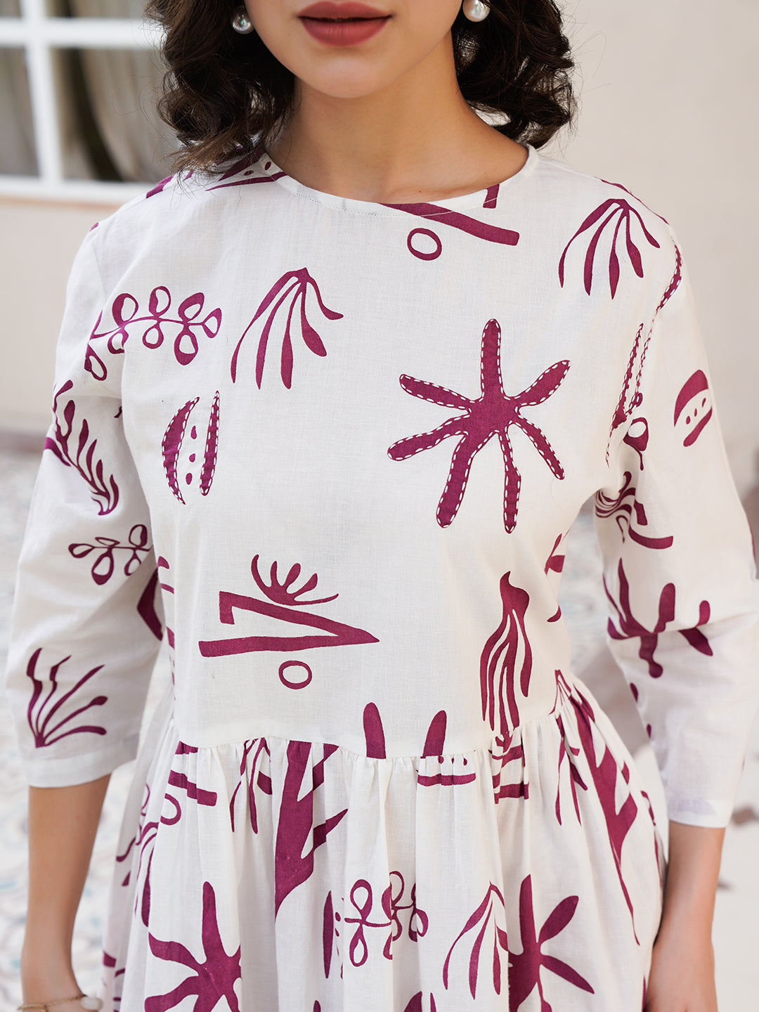 Off White Cotton Printed Shirt Collar Dress for Women
