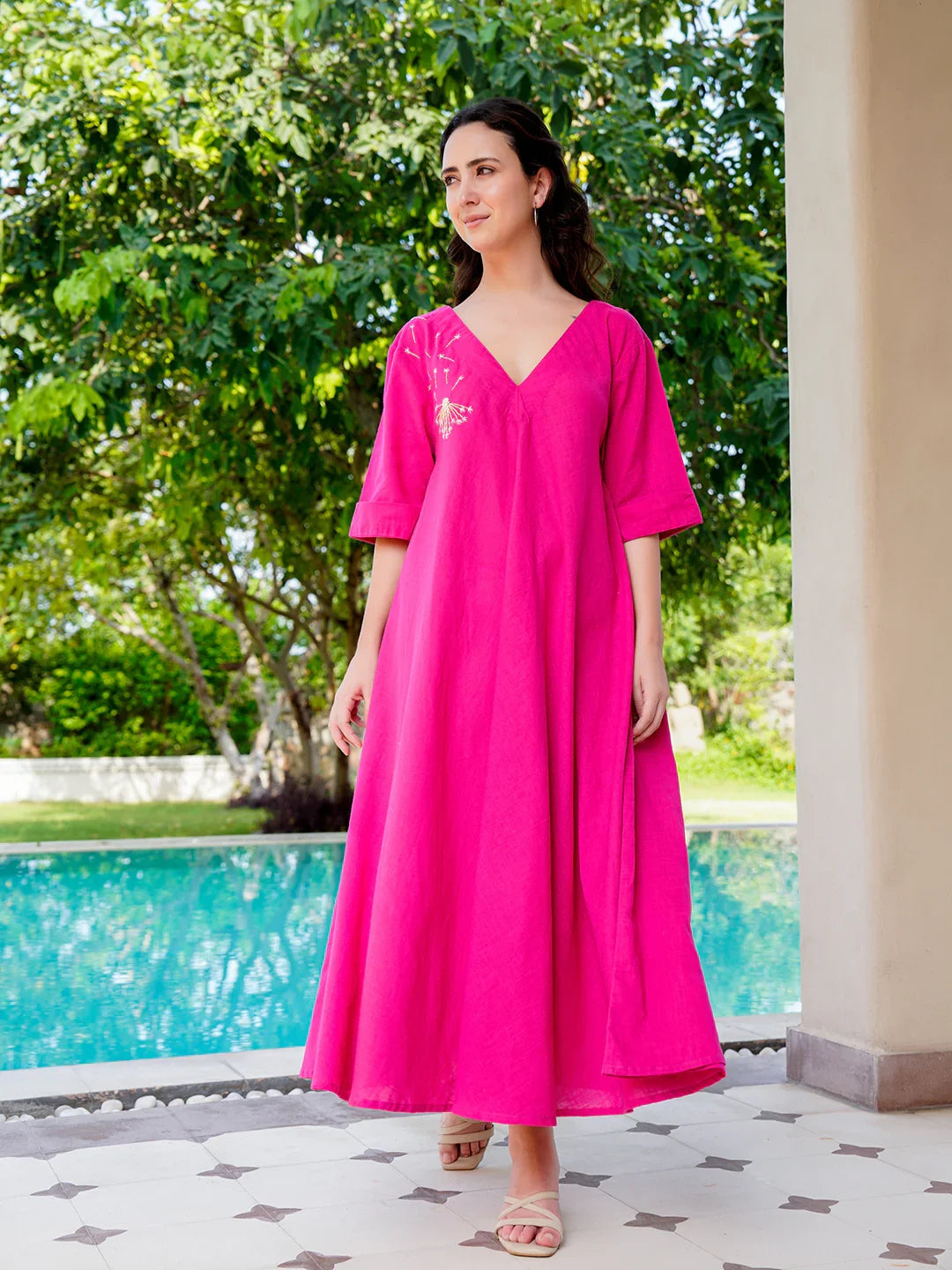Buy Pink Cotton Solid V-Neck Dress For Women Online @ Best Price