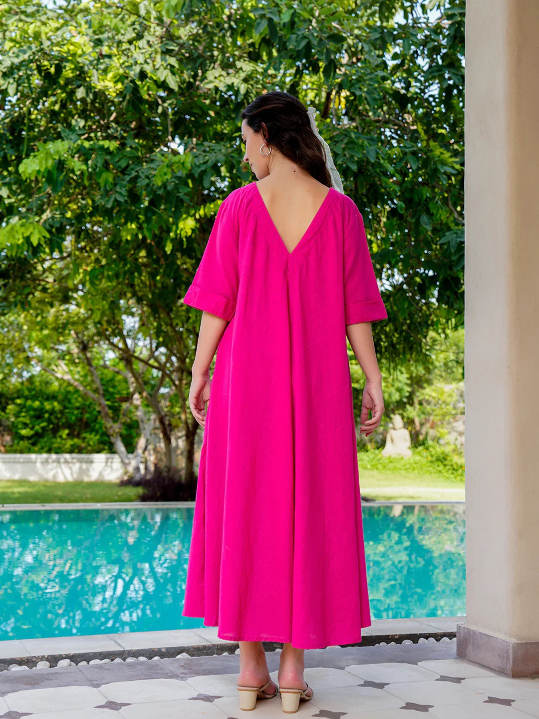 Pink Cotton Solid V-Neck Dress For Women