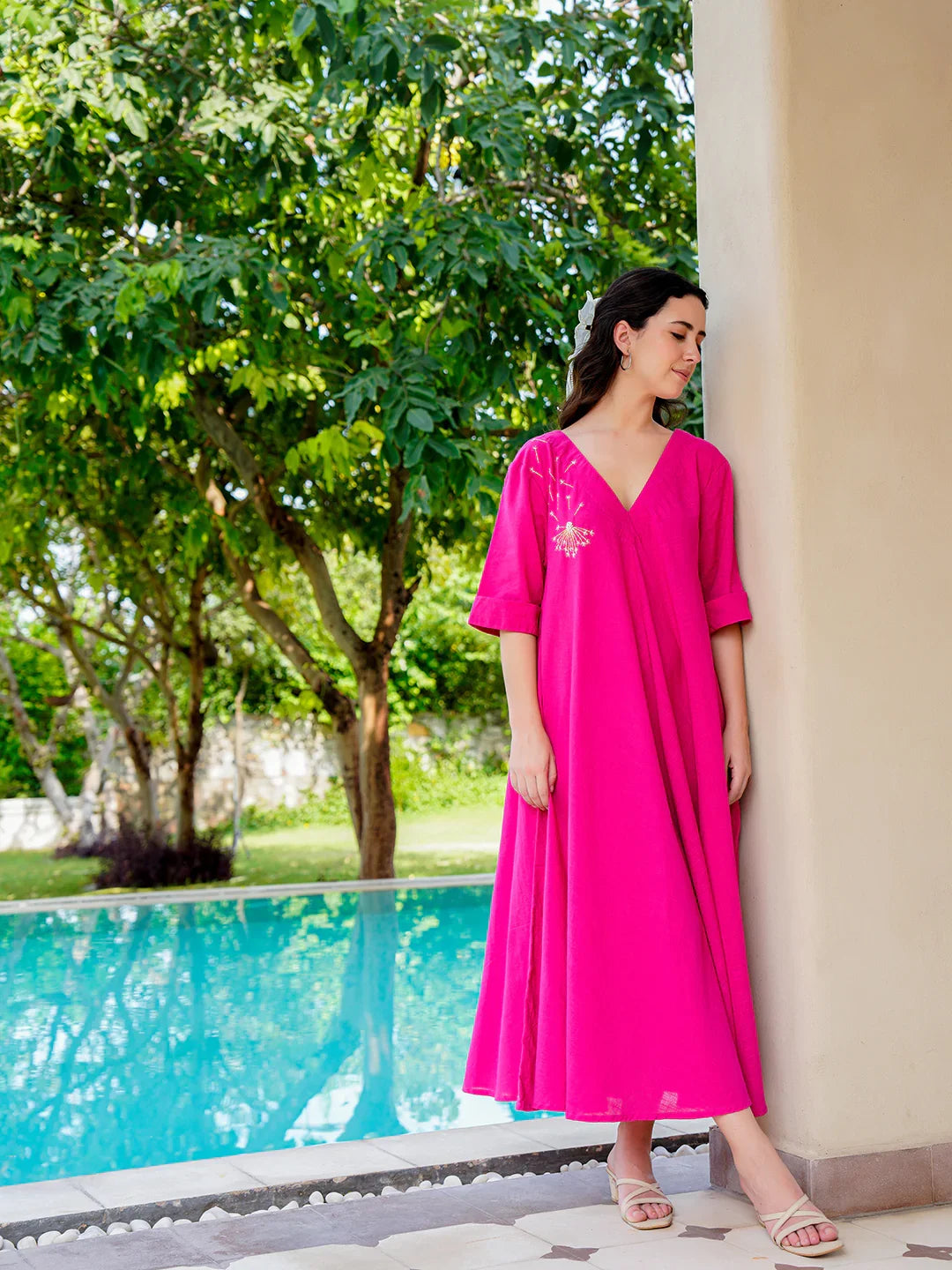 Pink Cotton Solid V-Neck Dress For Women
