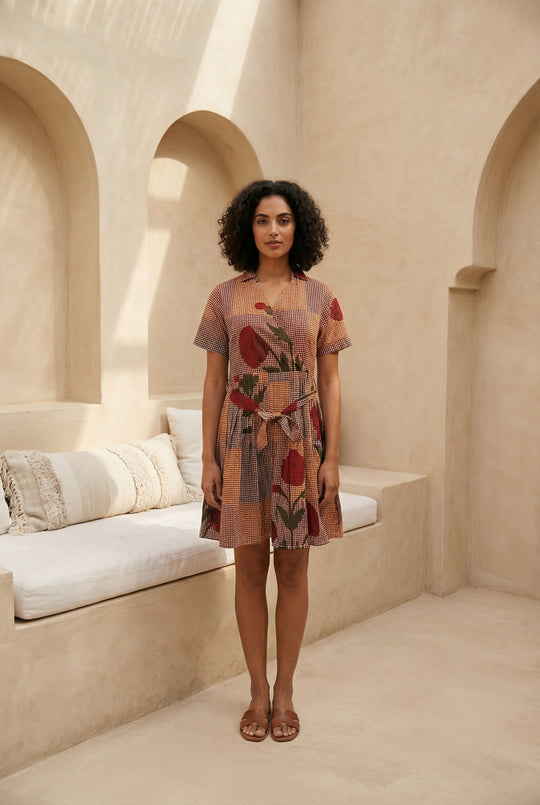 Red Floral Check Print Shirt Collar Cotton Midi Dress for Women