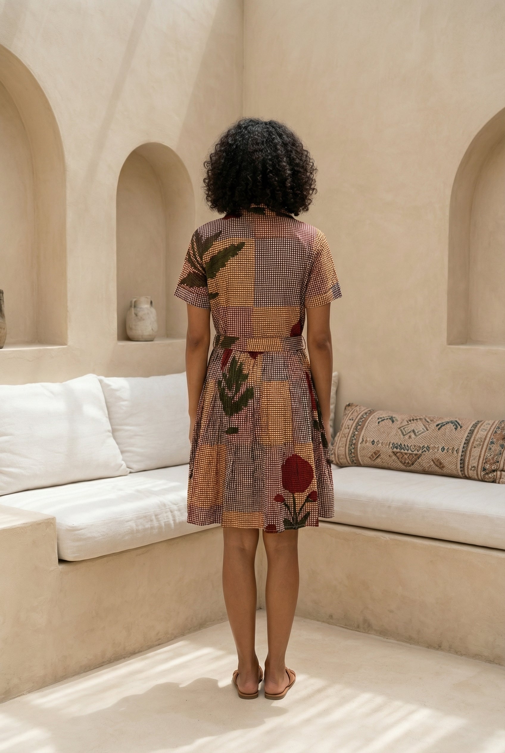 Red Floral Check Print Shirt Collar Cotton Midi Dress for Women