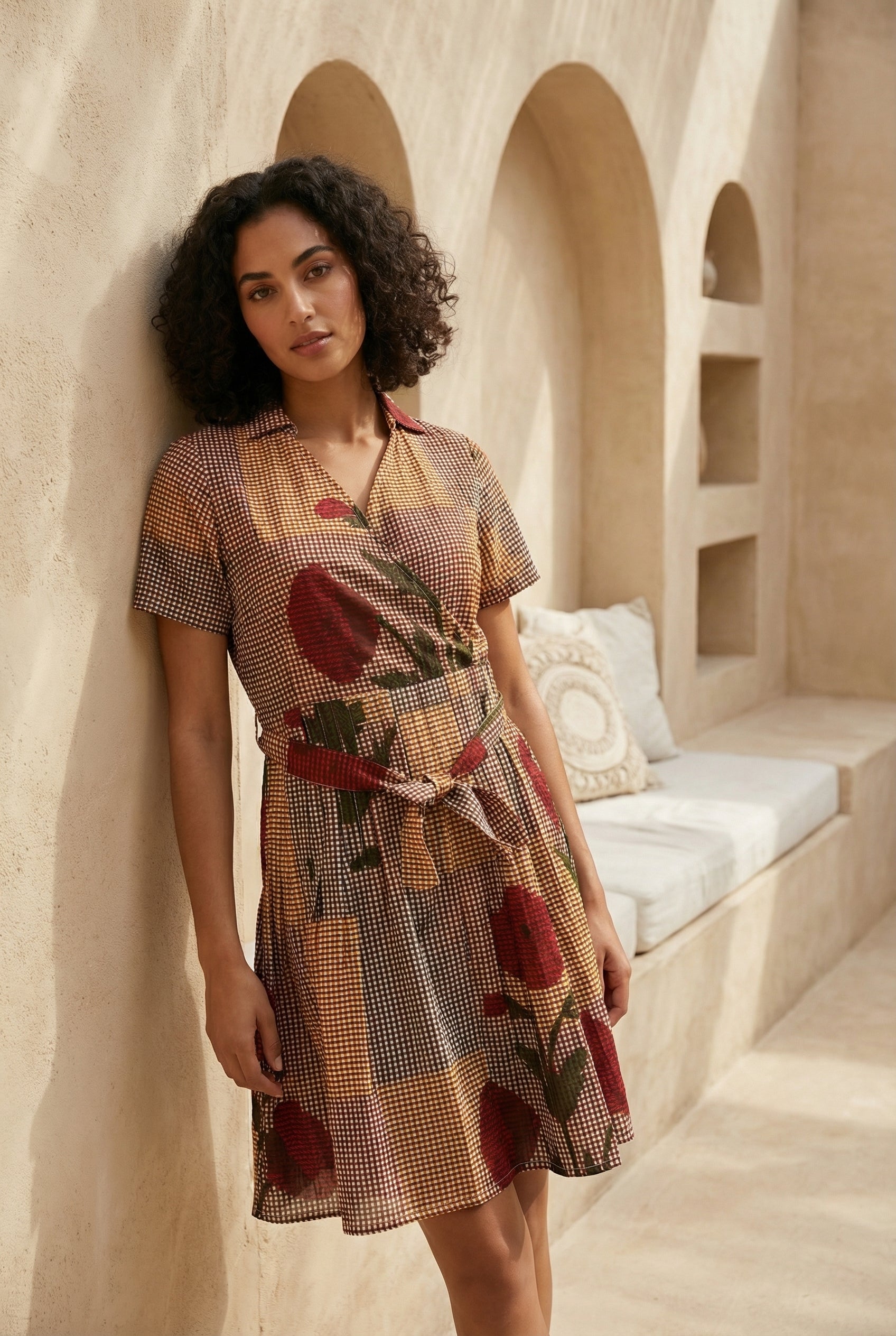 Red Floral Check Print Shirt Collar Cotton Midi Dress for Women