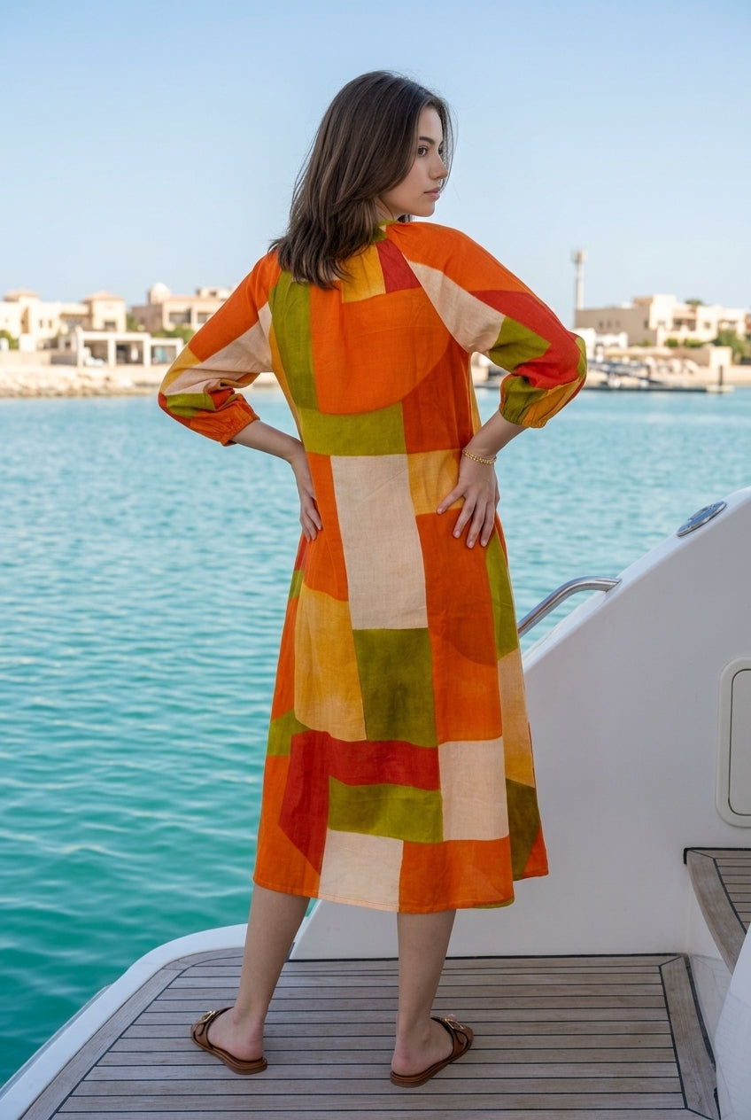 Orange Block Cotton Round Neck Midi Dress For Women