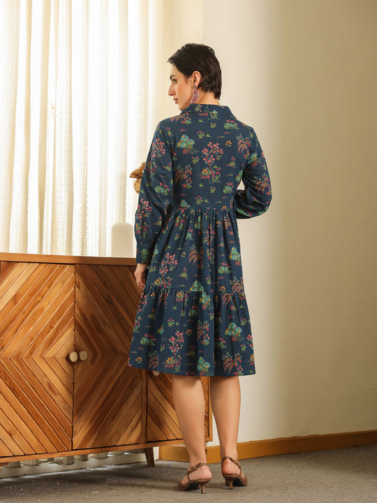 Navy Blue Cotton Printed Shirt Collar Dress for Women