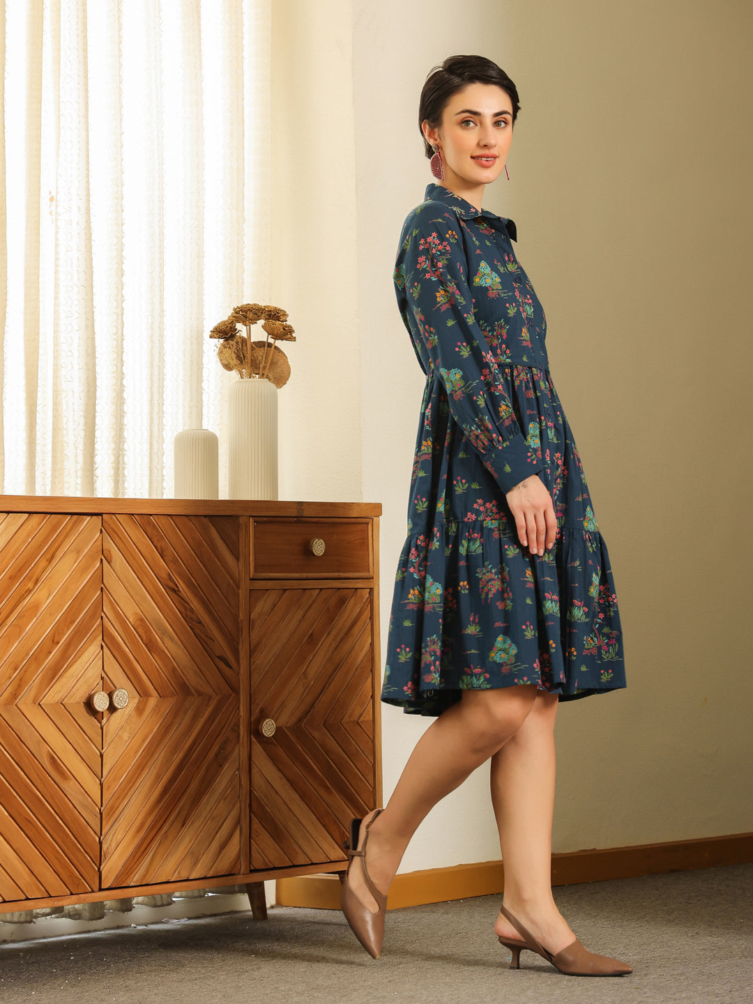 Navy Blue Cotton Printed Shirt Collar Dress for Women