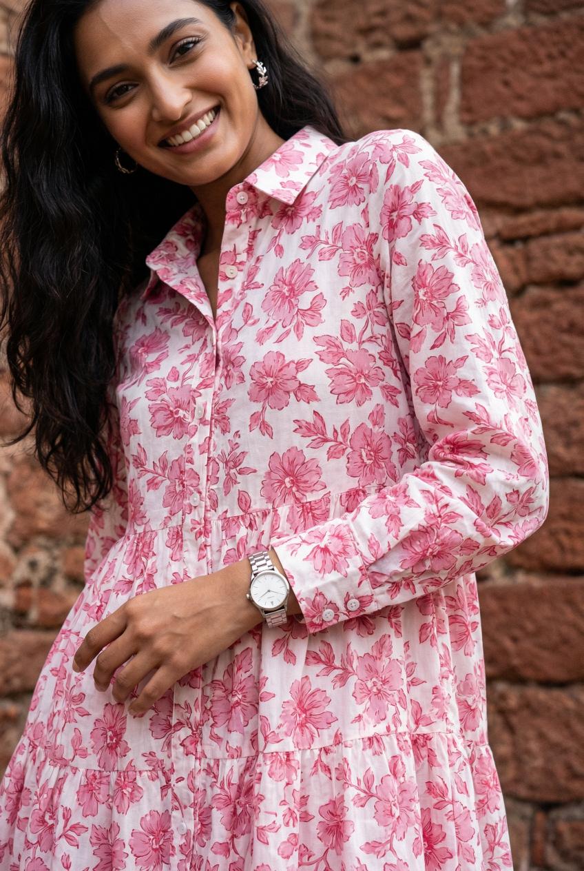 Pink Floral Print Shirt Collar Full Sleeve Dress For Women