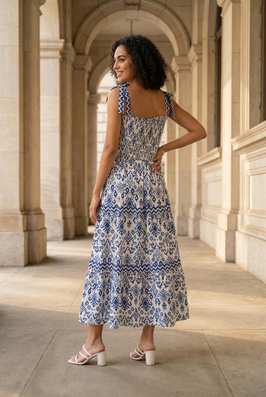 Blue Square Neck Printed Dress For Women