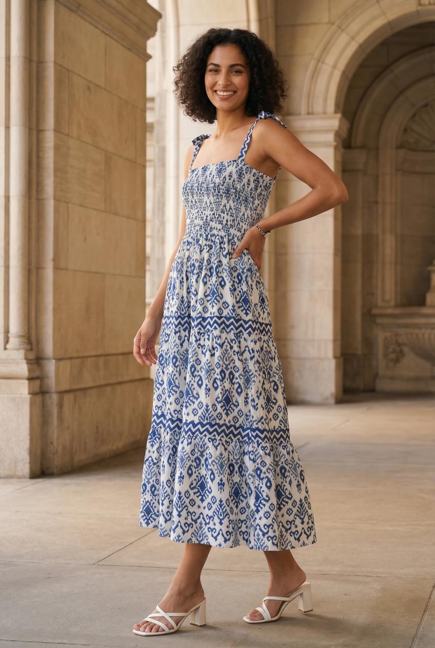 Blue Square Neck Printed Dress For Women