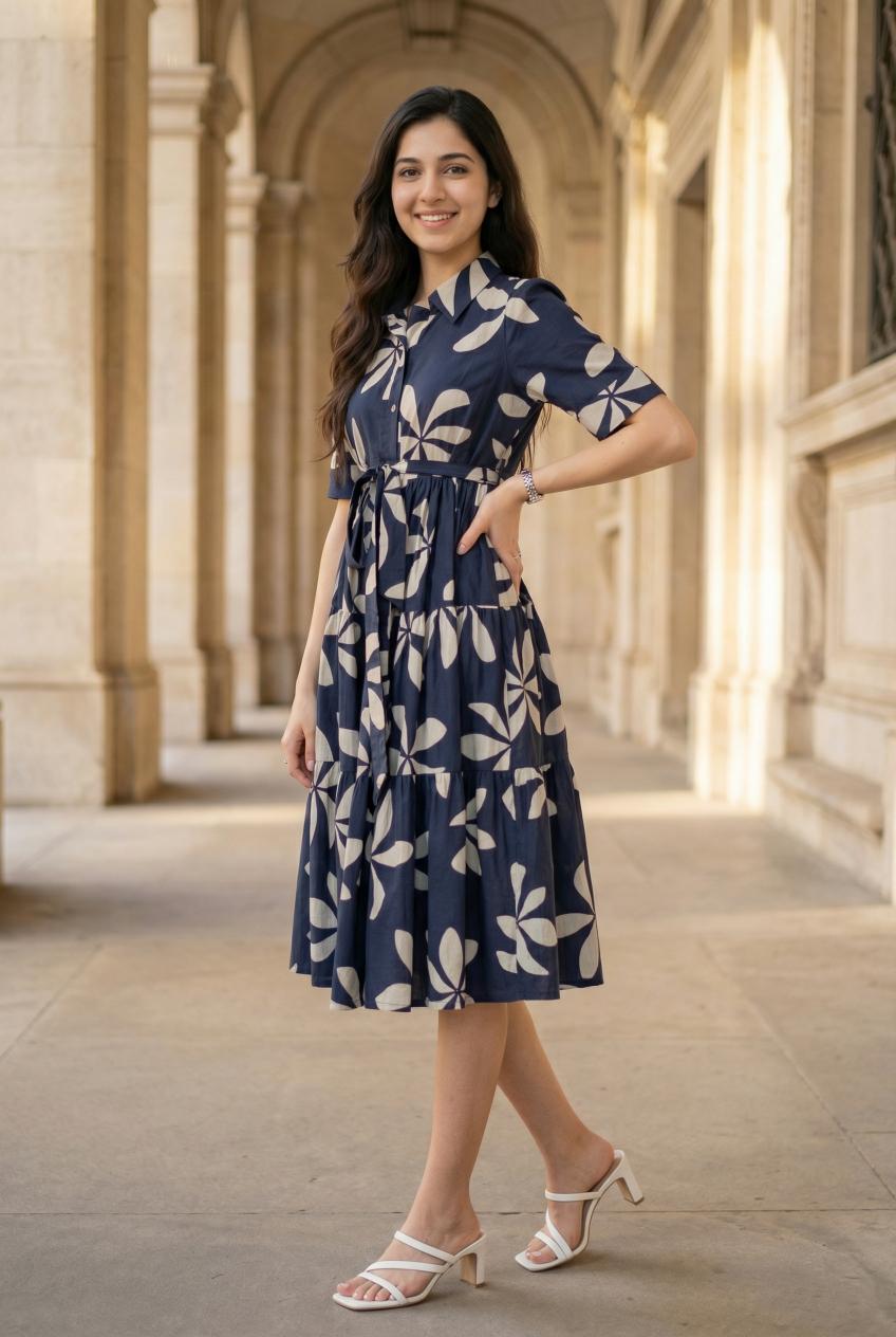 Navy Blue Shirt Collar Floral Printed  Dress For Women