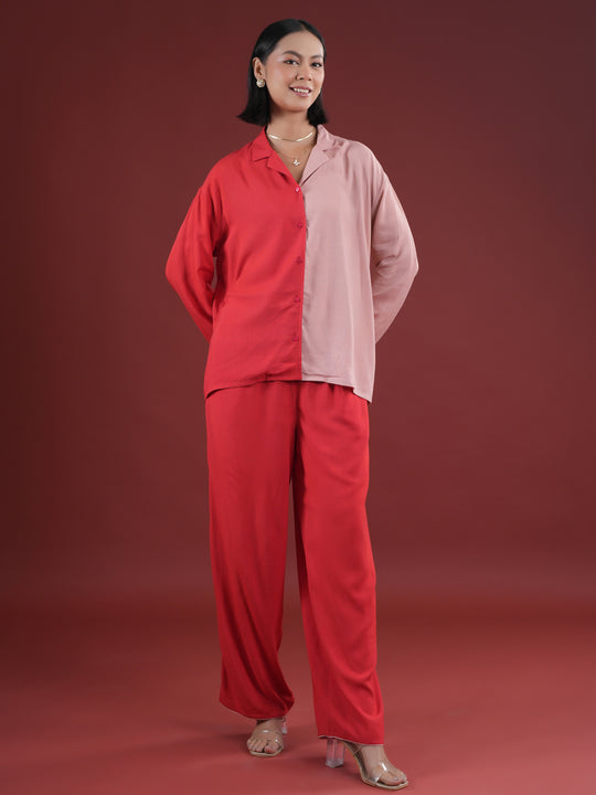 Red Solid Print Night Suit Set