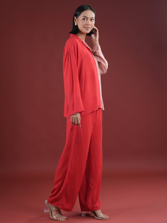 Red Solid Print Night Suit Set