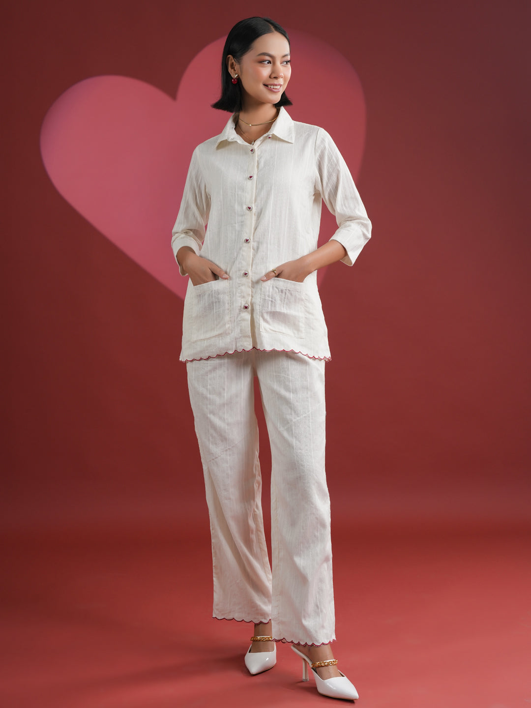 White Solid Print Cotton Night Suit Set