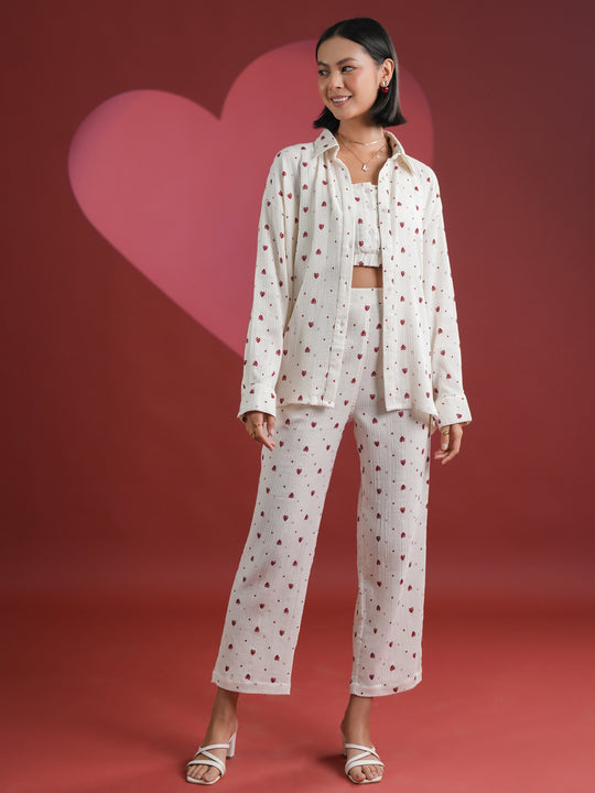 Set of 3 White Heart Printed Night Suit