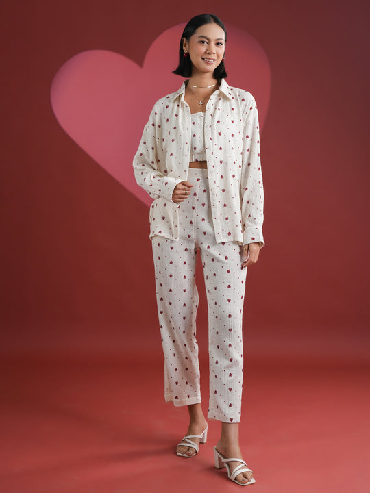 Set of 3 White Heart Printed Night Suit