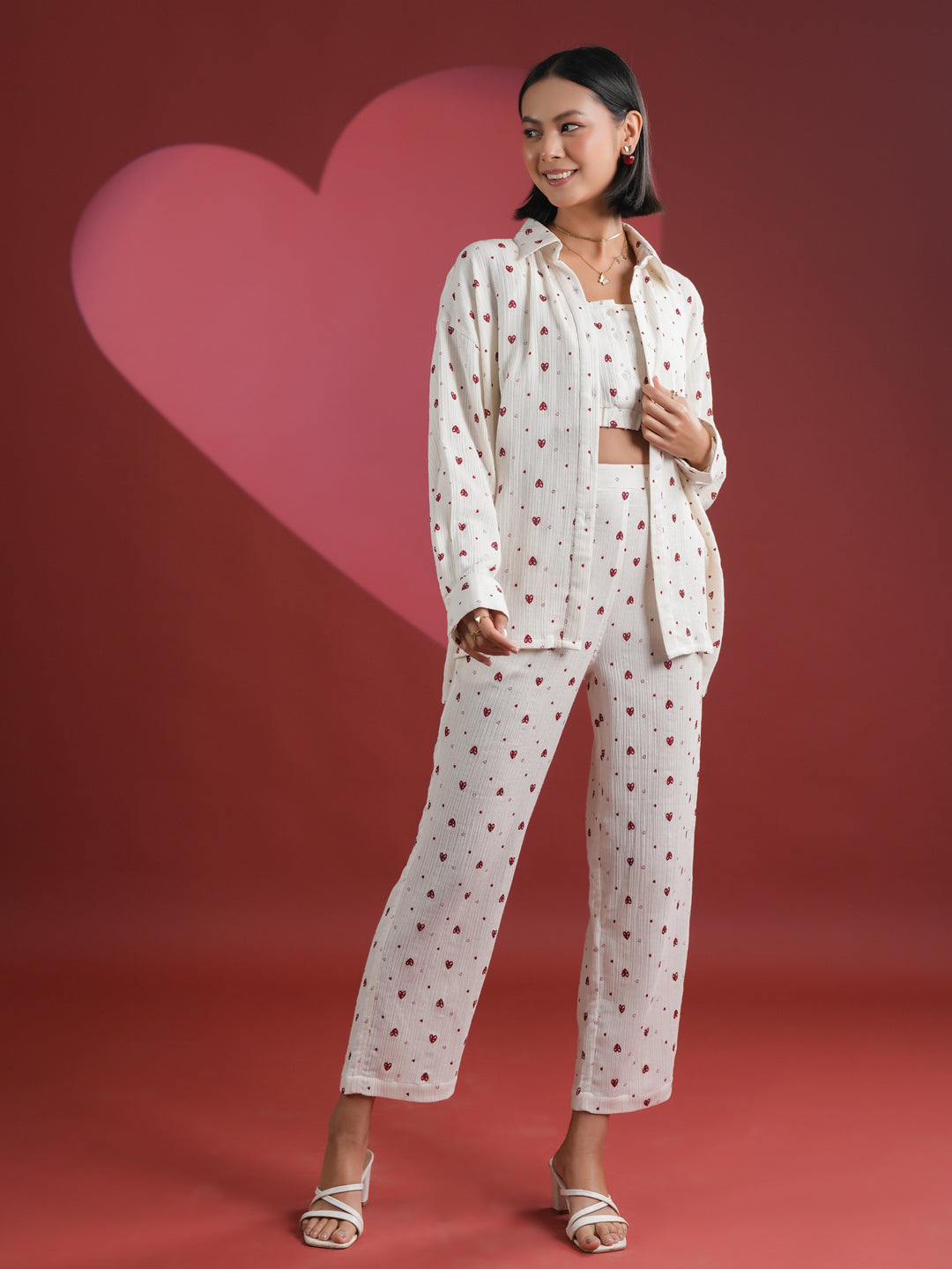 Set of 3 White Heart Printed Night Suit - SanskrutiHomes 