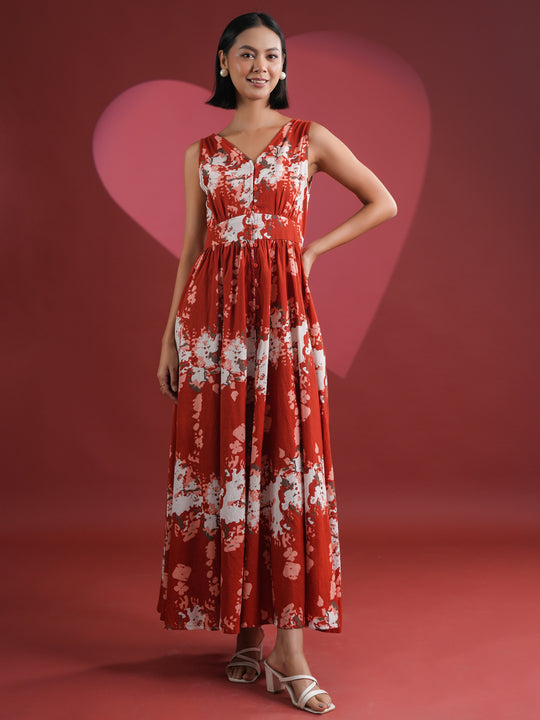 Red Printed V-Neck Dress for Women