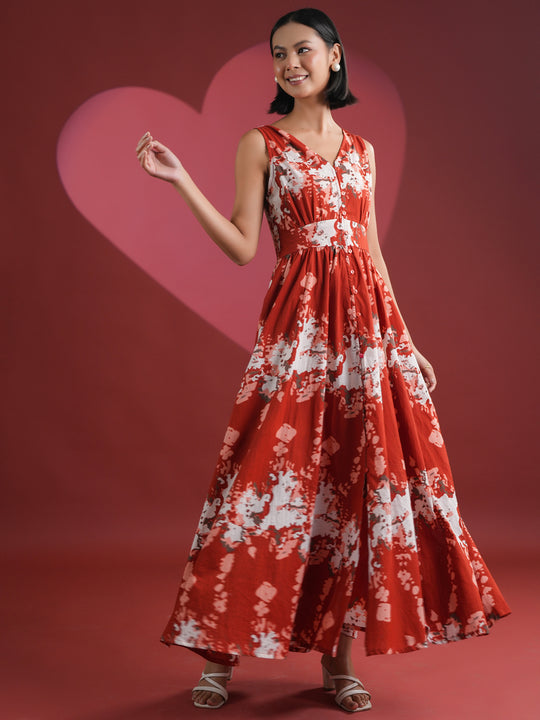 Red Printed V-Neck Dress for Women