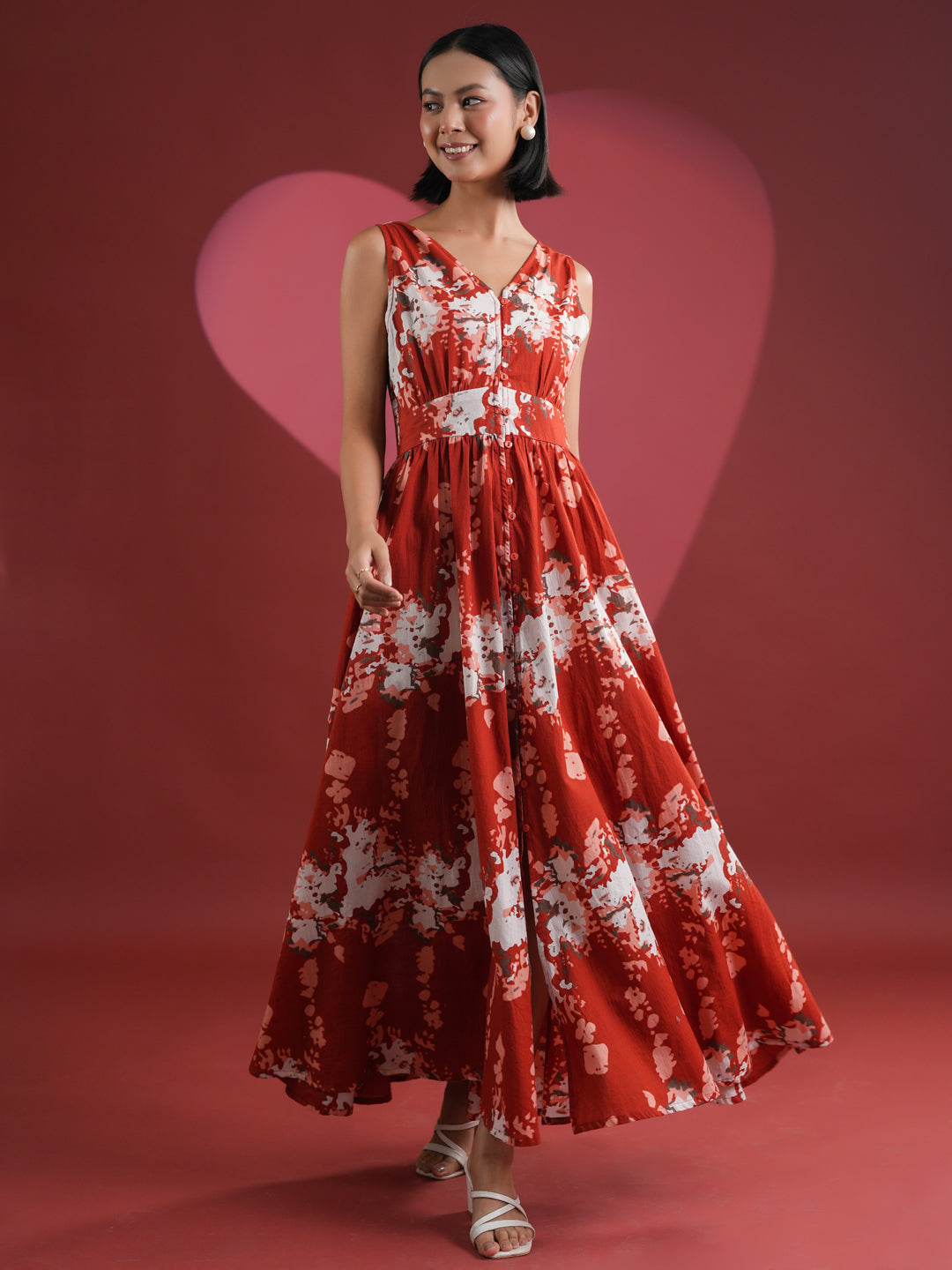 Red Printed V-Neck Dress for Women - SanskrutiHomes 