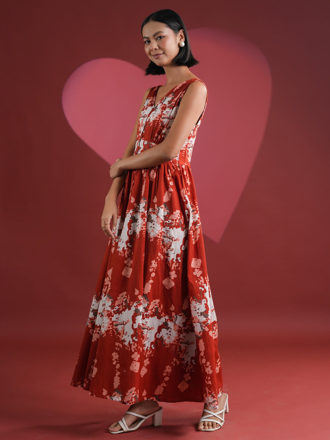Red Printed V-Neck Dress for Women - SanskrutiHomes 