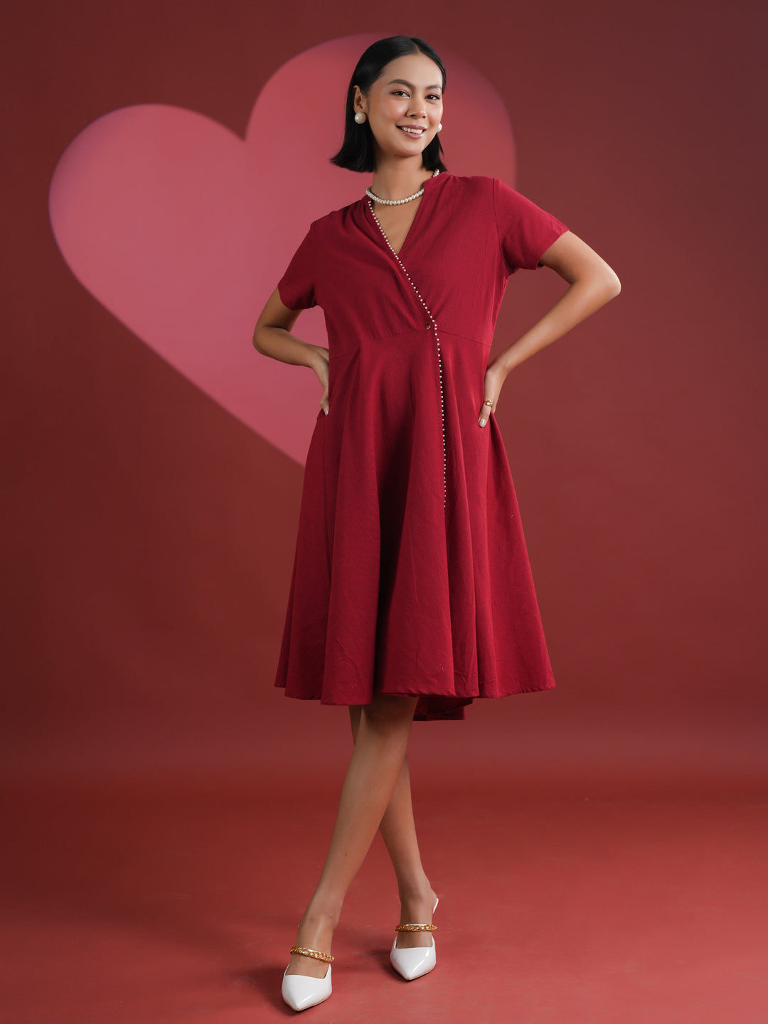 Red Solid Print Cotton Dress for Women