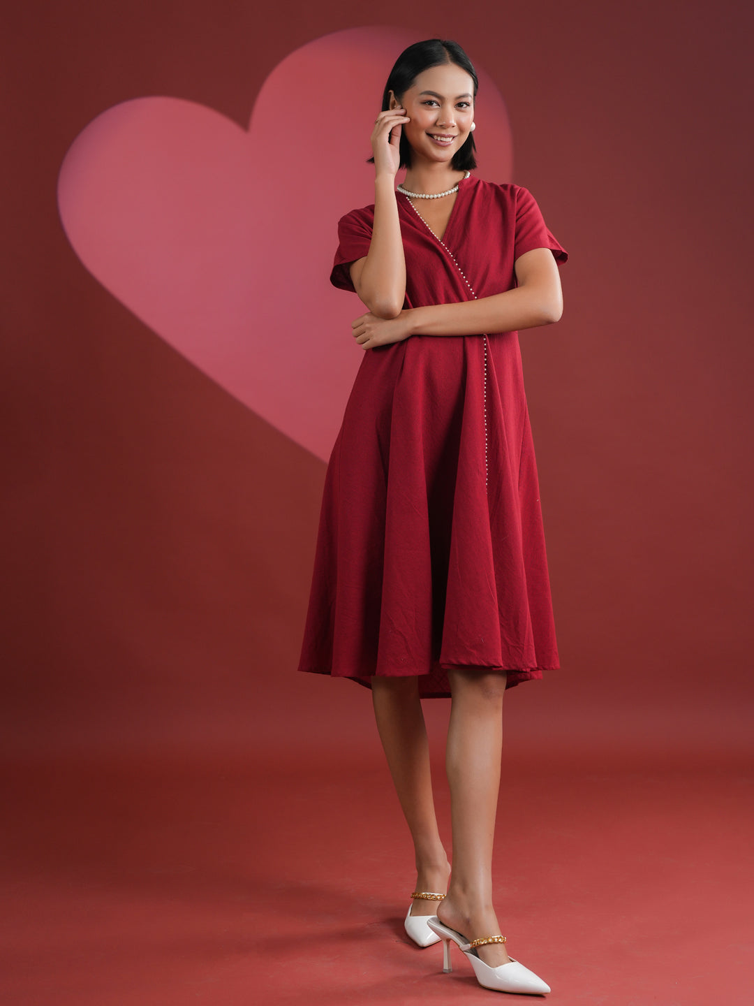 Red Solid Print Cotton Dress for Women