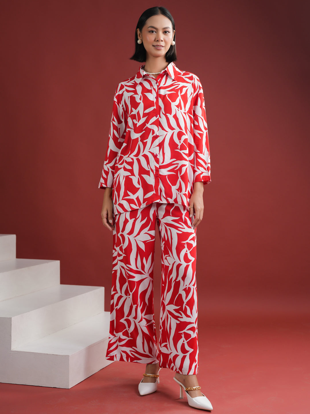 Red Floral Printed Night Suit Set