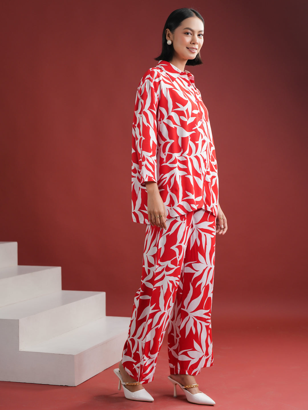 Red Floral Printed Night Suit Set