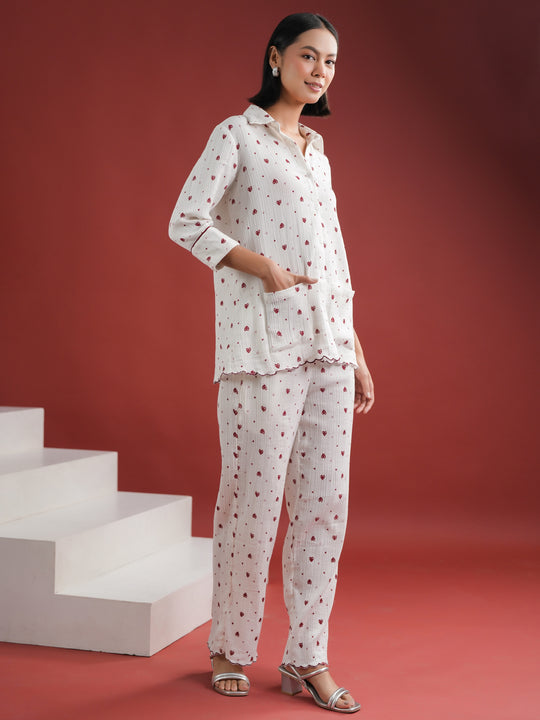 White Heart Printed Cotton Night Suit Set