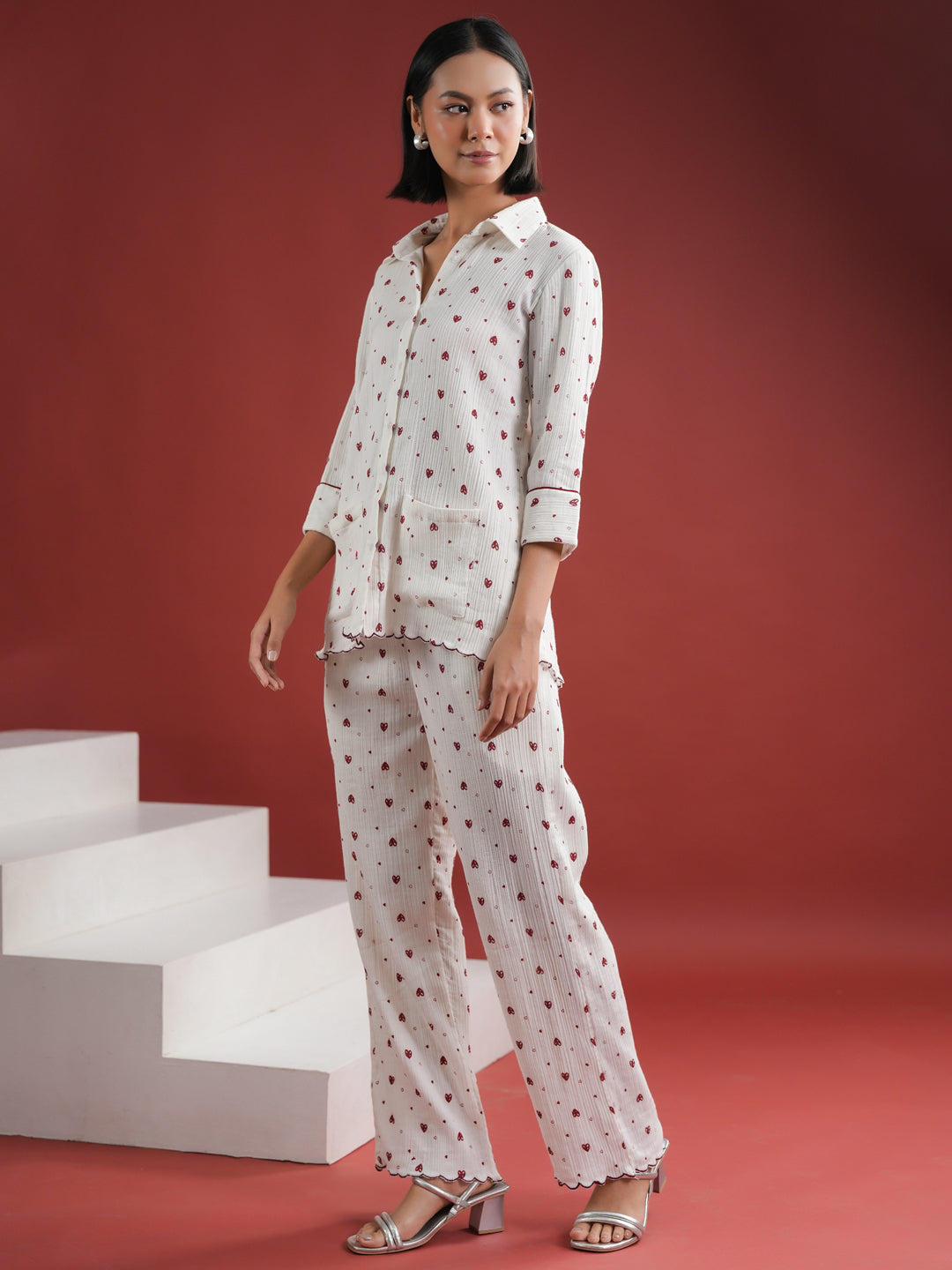 White Heart Printed Cotton Night Suit Set