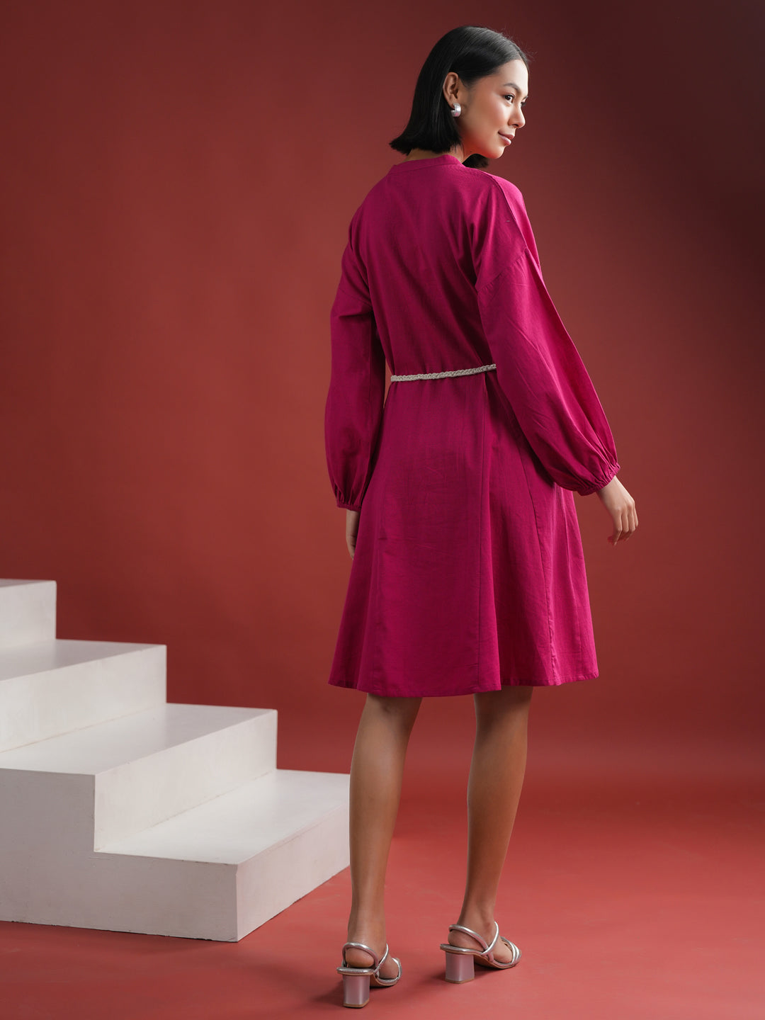Pink Solid V Neck Dress for Women