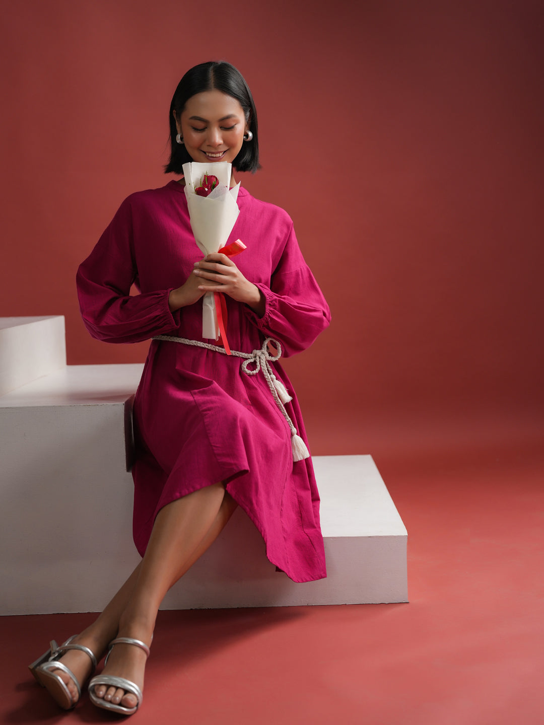 Pink Solid V Neck Dress for Women