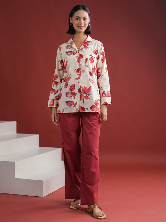 White Floral Printed Cotton Night Suit Set