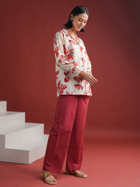 White Floral Printed Cotton Night Suit Set