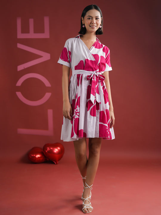 Pink Floral Printed V-Neck Dress