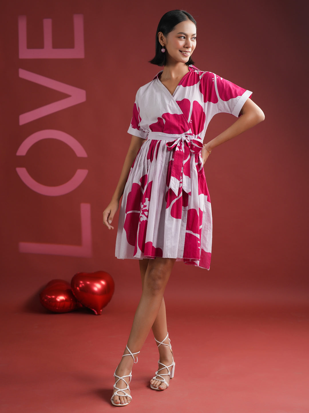 Pink Floral Printed V-Neck Dress