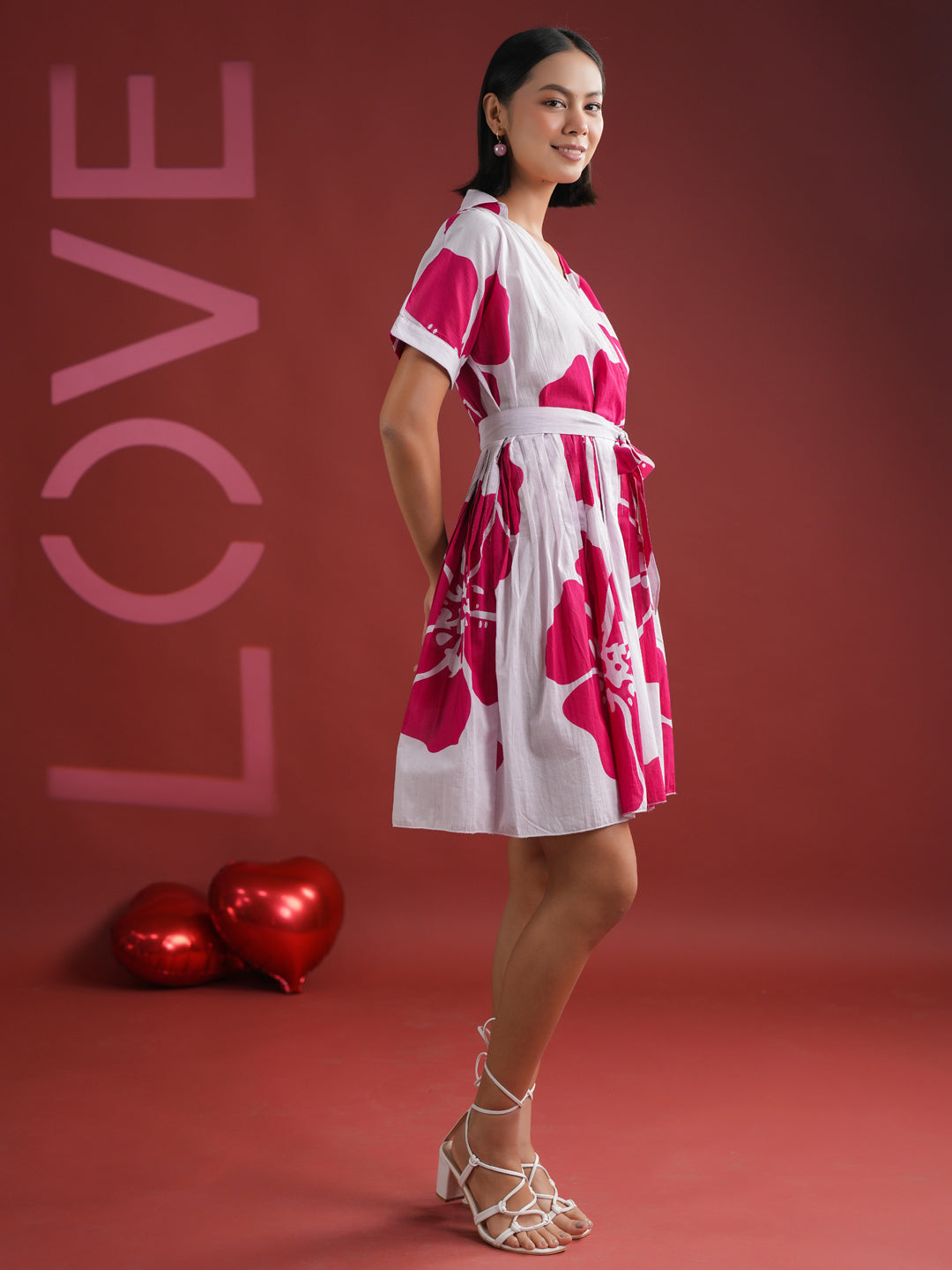 Pink Floral Printed V-Neck Dress