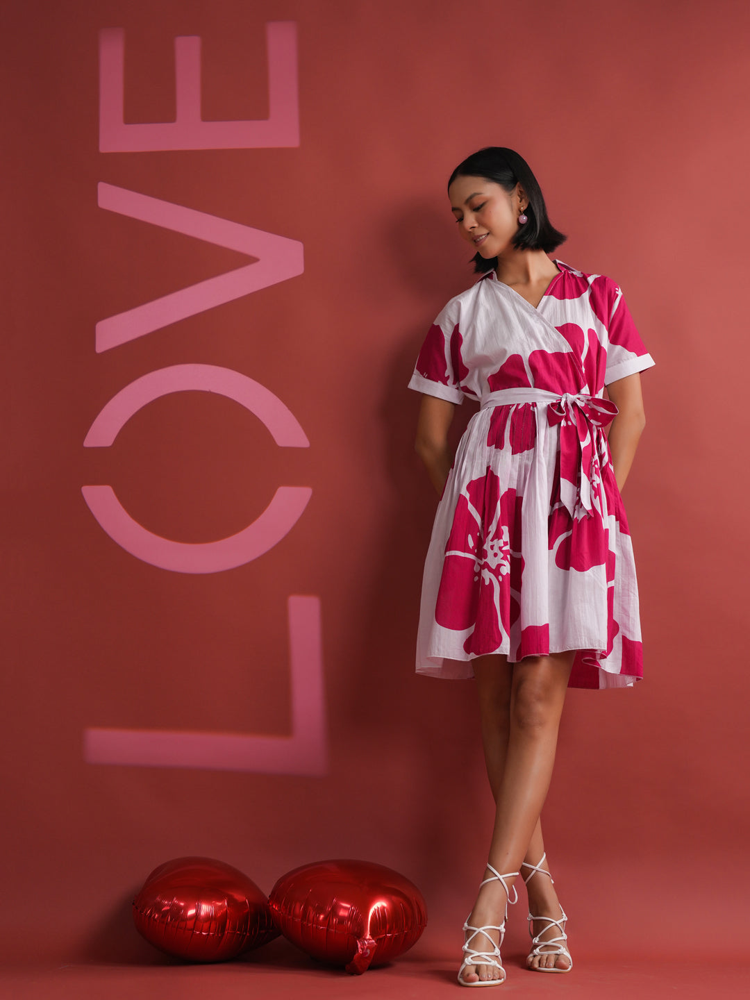 Pink Floral Printed V-Neck Dress