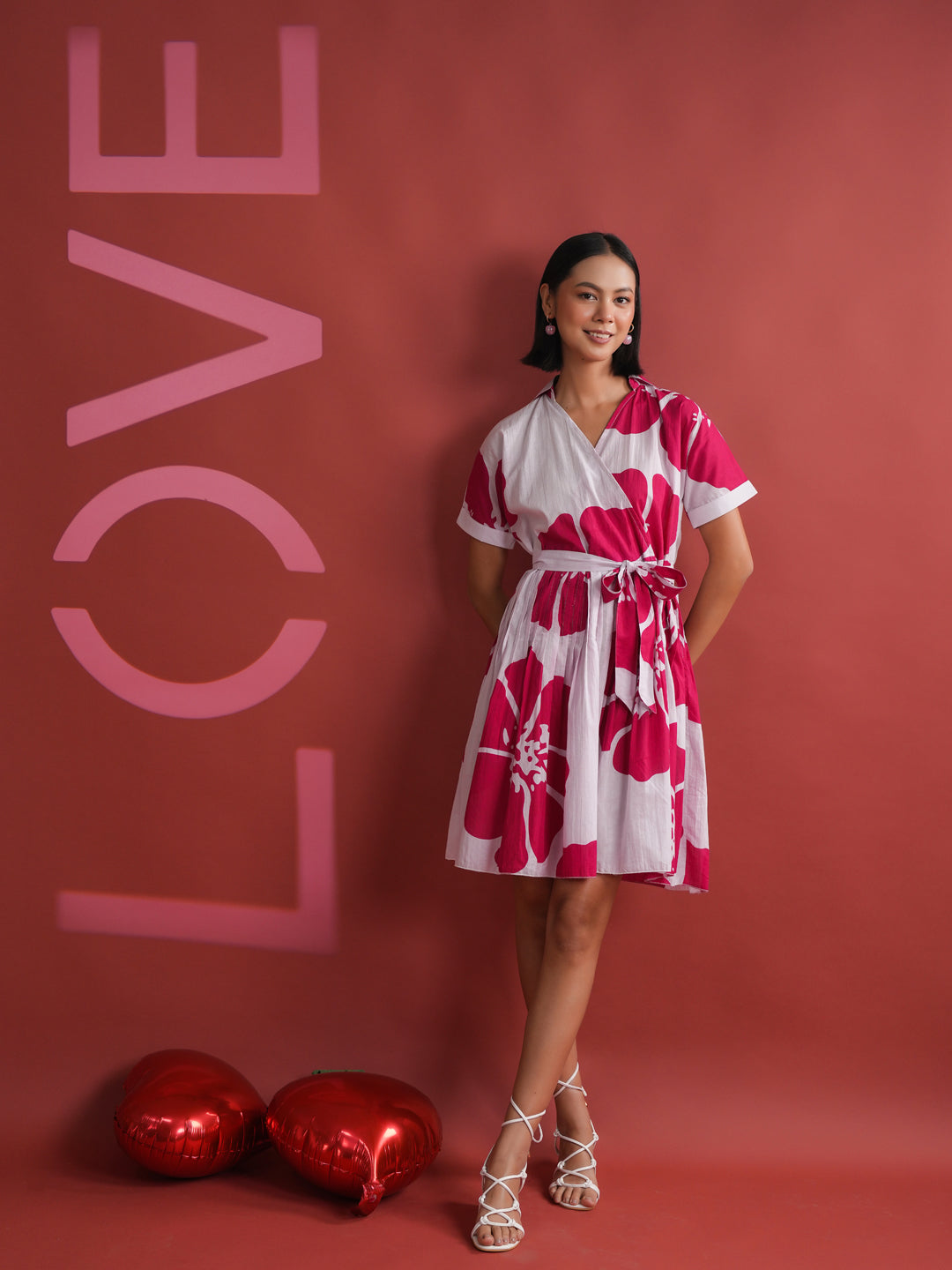 Pink Floral Printed V-Neck Dress