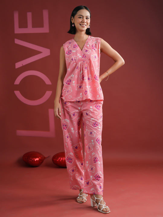 Pink V-Neck Printed Cotton Night Suit