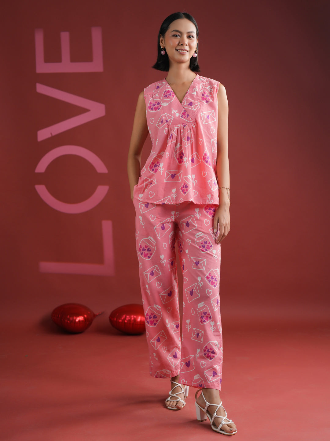 Pink V-Neck Printed Cotton Night Suit - SanskrutiHomes 