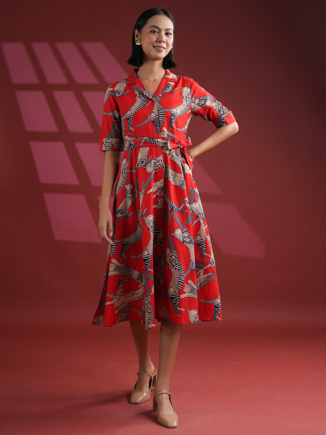 Women Cotton Red Animal Print Dress