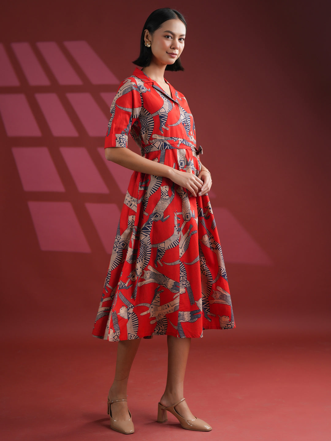 Women Cotton Red Animal Print Dress