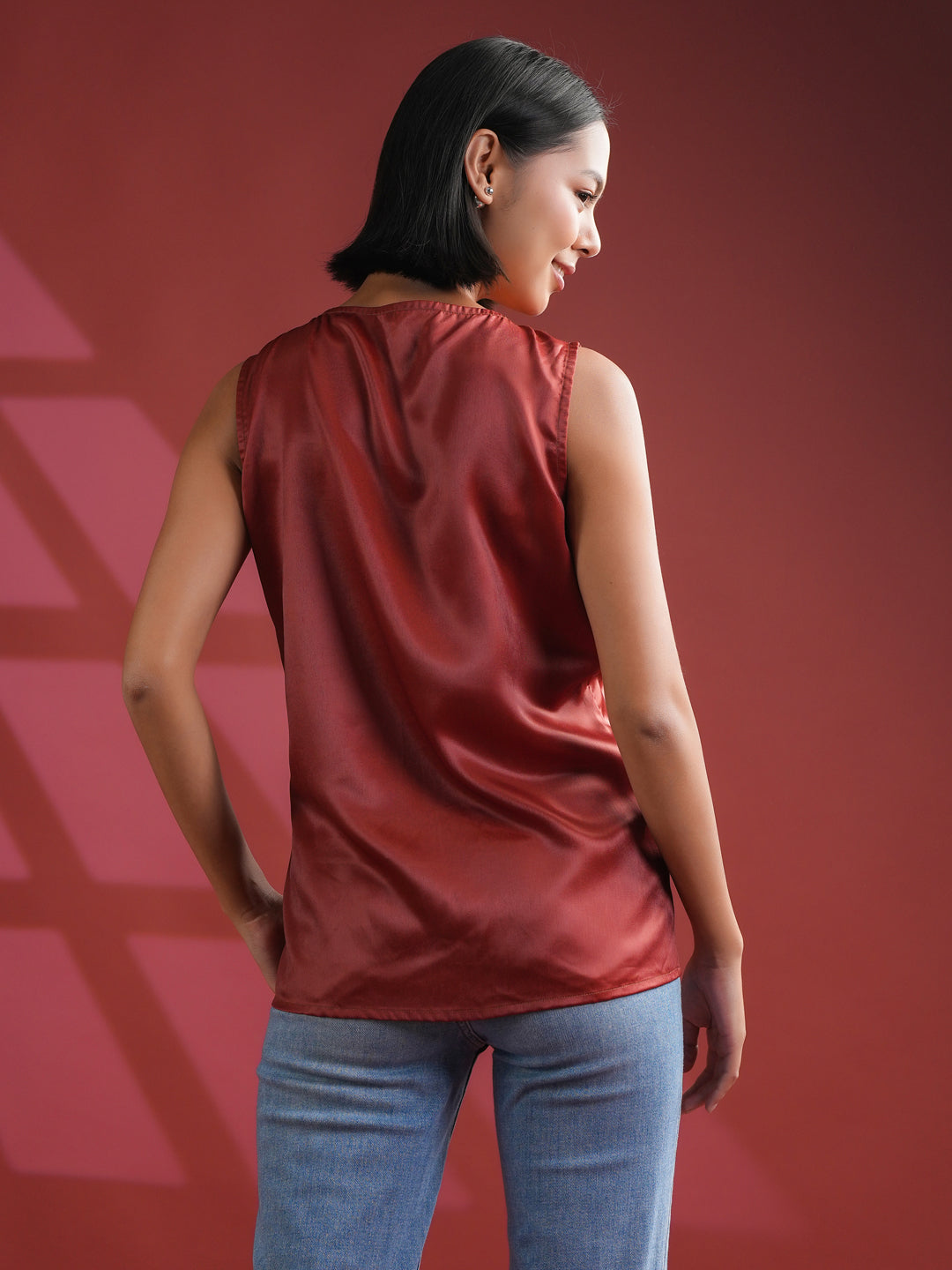 Red Solid Print Satin Top For Women