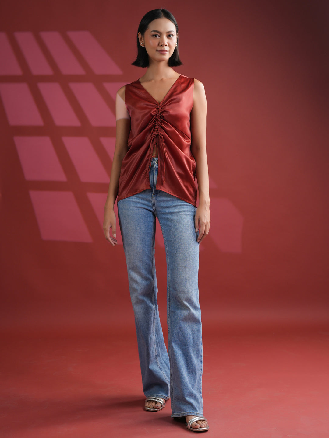 Red Solid Print Satin Top For Women