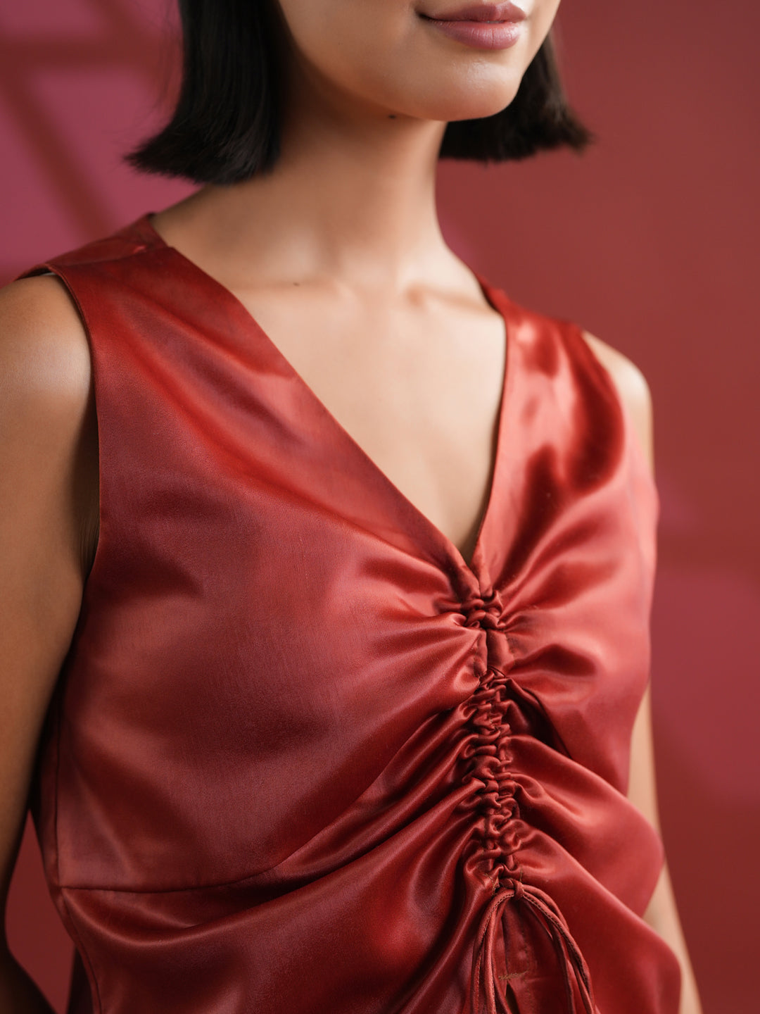 Red Solid Print Satin Top For Women