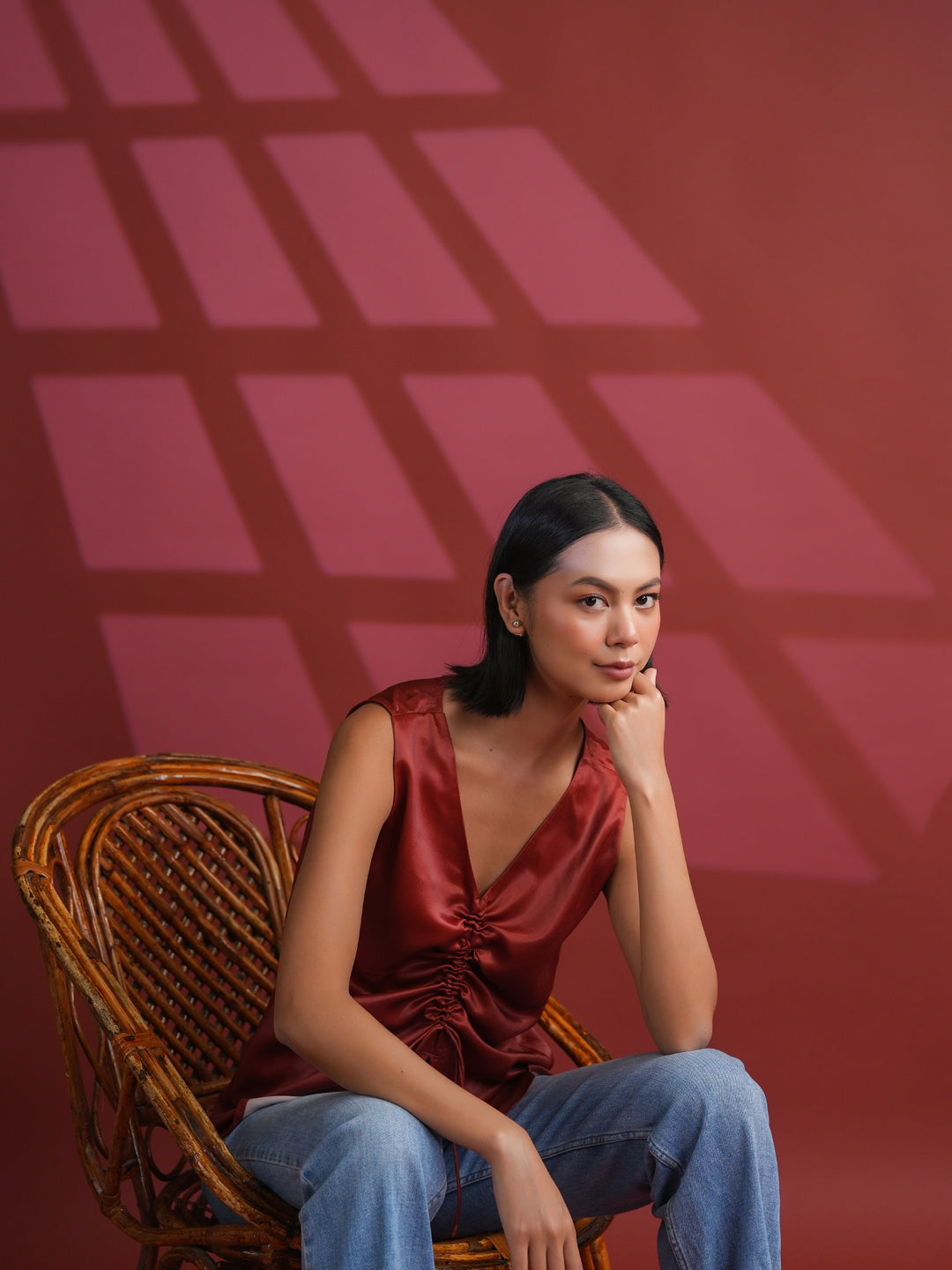 Red Solid Print Satin Top For Women