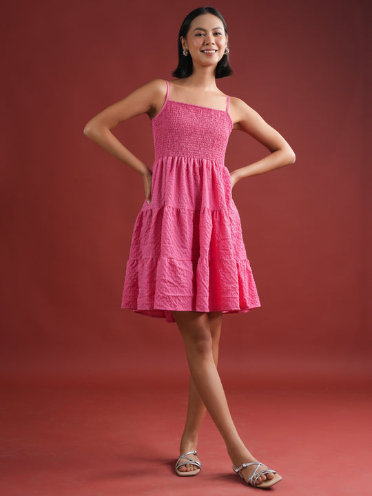 Pink Solid Polyester Dress for Women