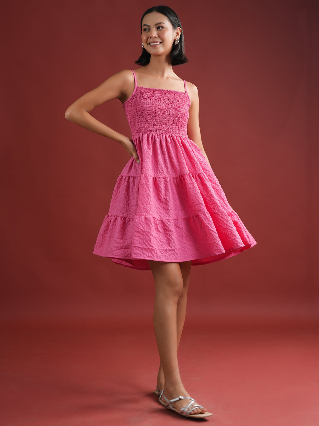 Pink Solid Polyester Dress for Women